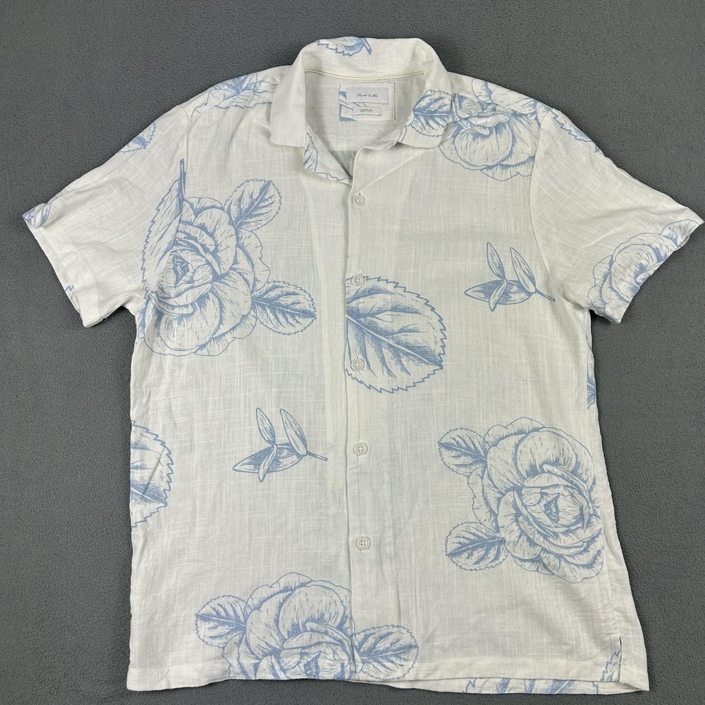 Porter & Ash‎ Shirt Mens Large White Blue Linen Blend Floral Button Up Casual